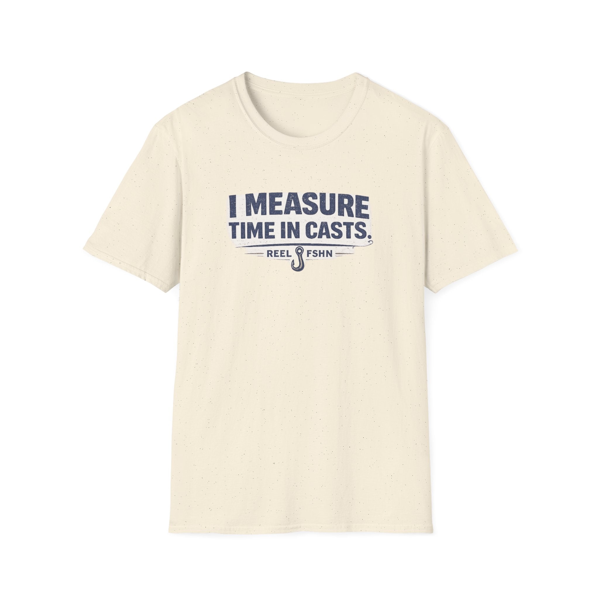 Comfort Colors unisex cream t-shirt with "I Measure Time In Casts" and fishing hook graphic.