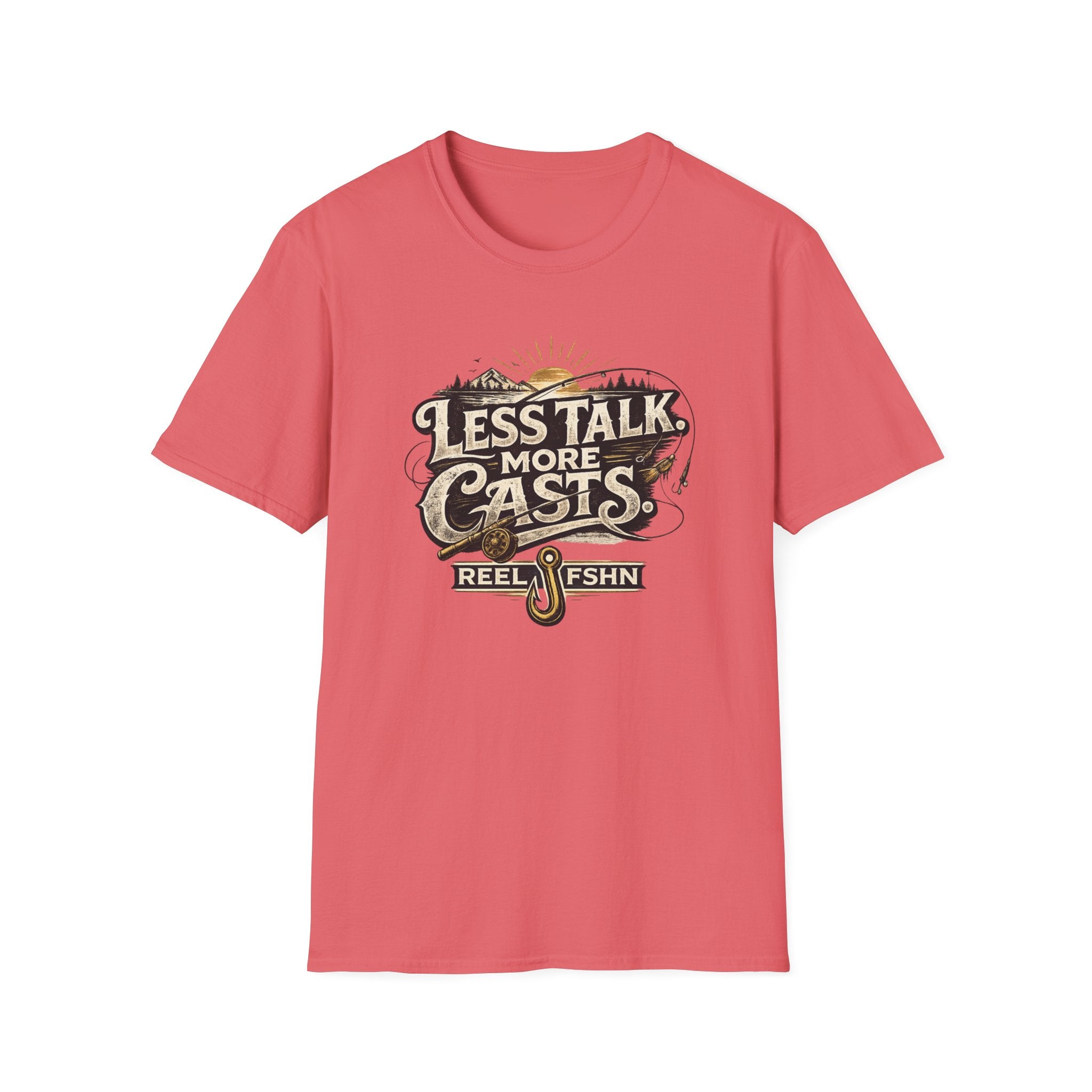 Comfort Colors coral t-shirt with "Less Talk More Casts" fishing graphic and hook.
