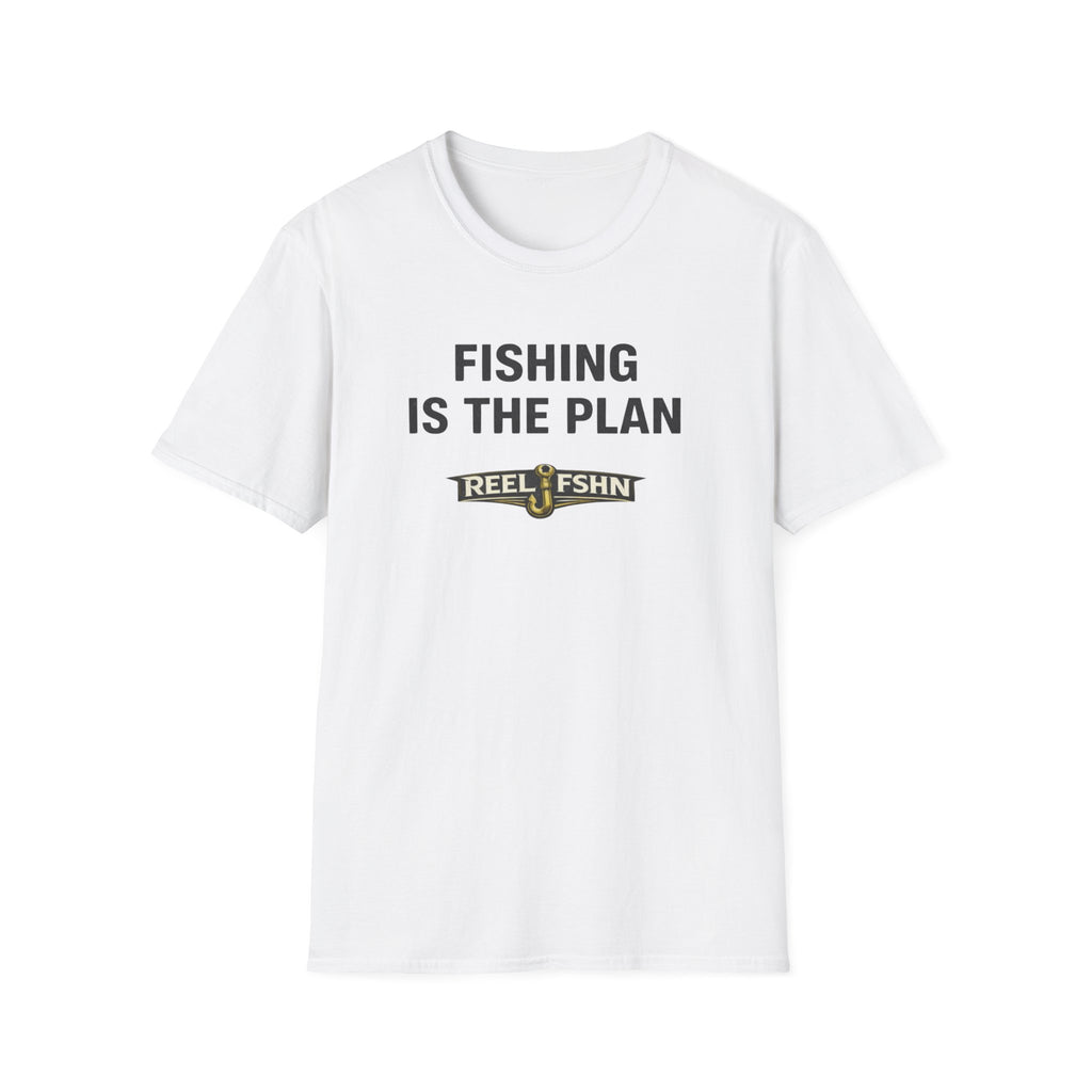 White Comfort Colors unisex t-shirt with "FISHING IS THE PLAN" and "REEL FSHN" fishing hook graphic.
