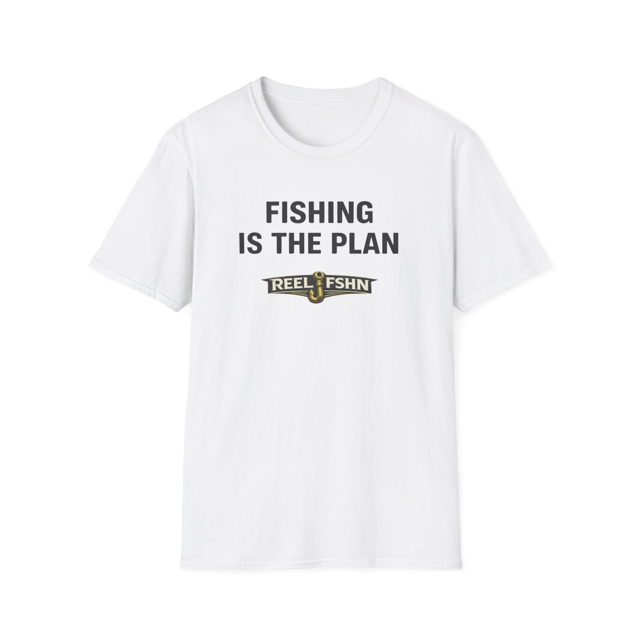 White Comfort Colors unisex t-shirt with "FISHING IS THE PLAN" and "REEL FSHN" fishing hook graphic.