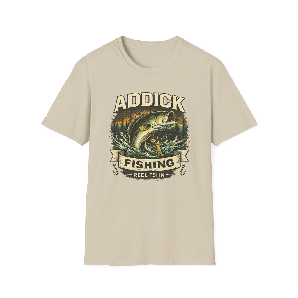 Unisex Comfort Colors sand t-shirt with "ADDICK FISHING REEL FSHN" graphic featuring a jumping bass.