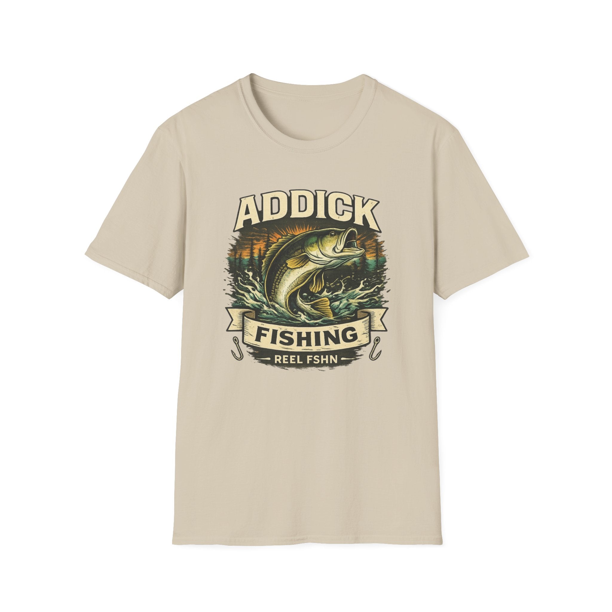 Unisex Comfort Colors sand t-shirt with "ADDICK FISHING REEL FSHN" graphic featuring a jumping bass.