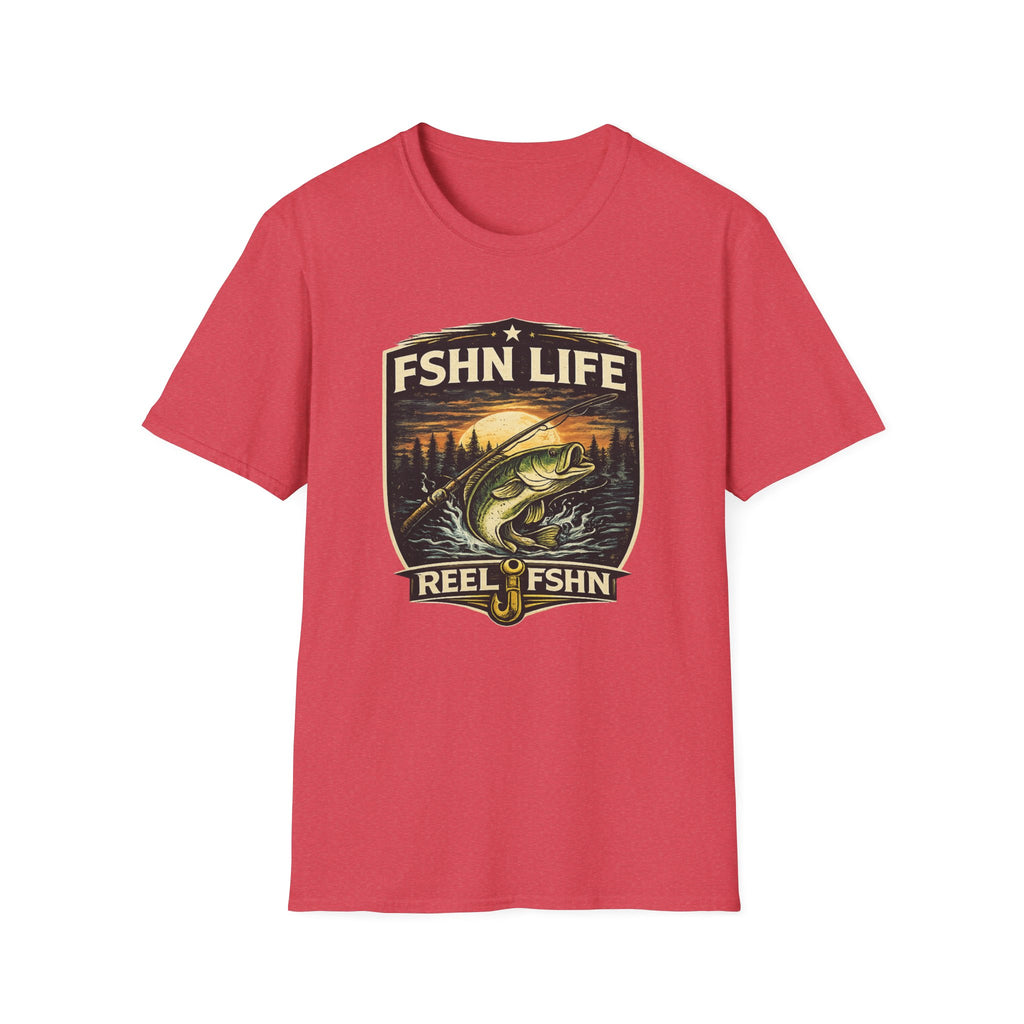 Red FSHN Life T-shirt with a vintage fishing graphic featuring a bass, rod, and sunset.