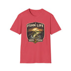 Red FSHN Life T-shirt with a vintage fishing graphic featuring a bass, rod, and sunset.