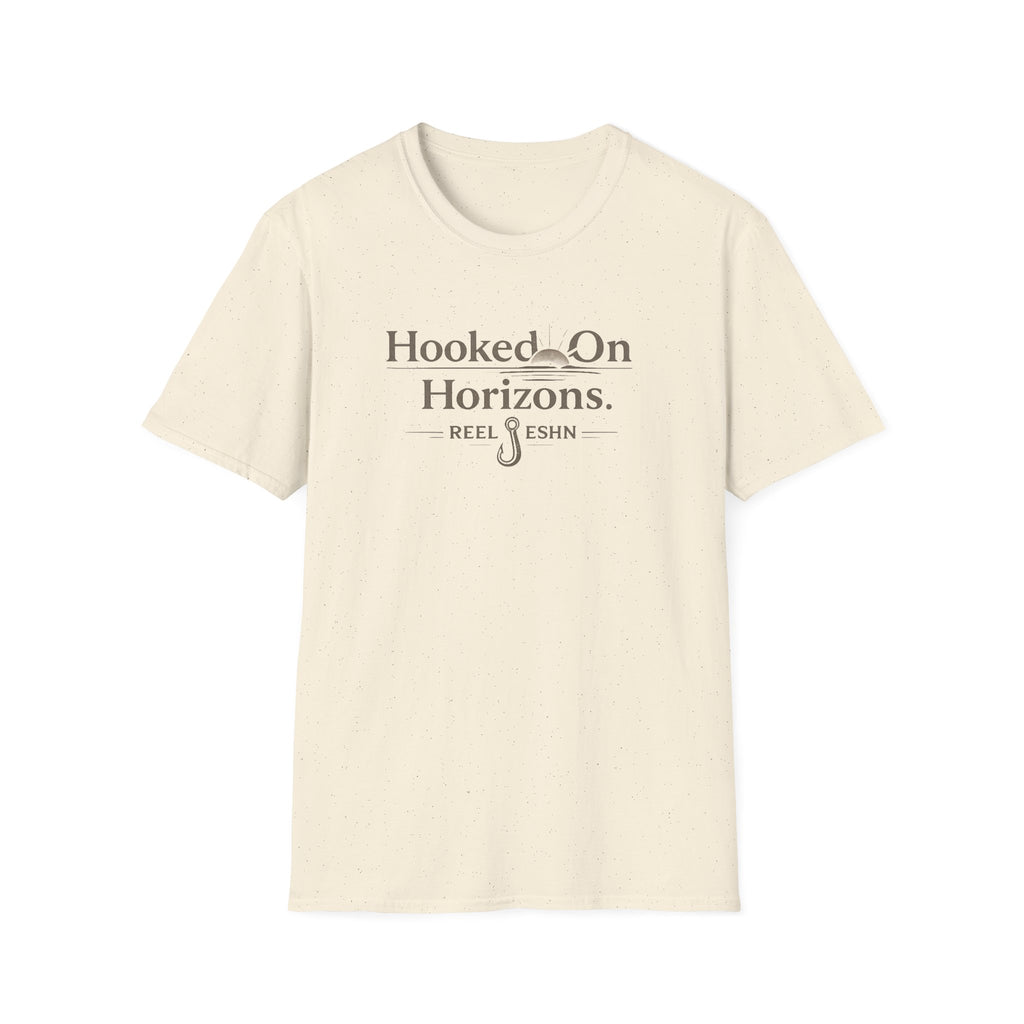 Unisex Comfort Colors cream t-shirt with "Hooked On Horizons" and a fishing hook graphic in brown.