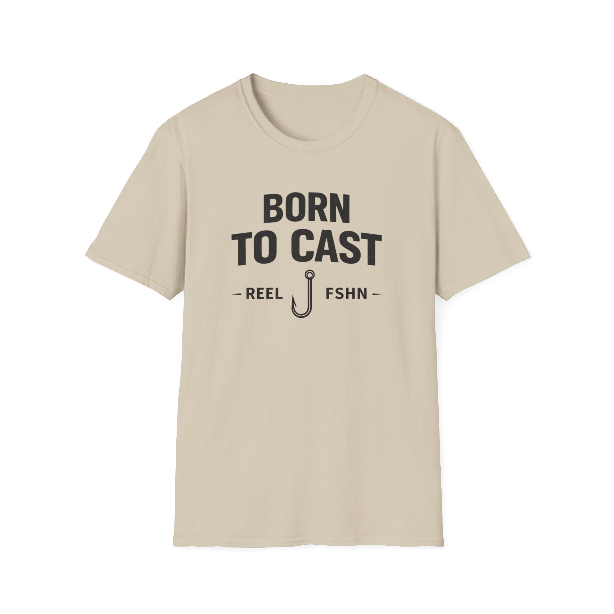 Comfort Colors "Born to Cast" fishing t-shirt in sand with black text and a fishing hook graphic.