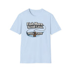 Light blue Comfort Colors cotton t-shirt with "Fish More. Scroll Less. REEL FSHN" graphic and fishing hook design.