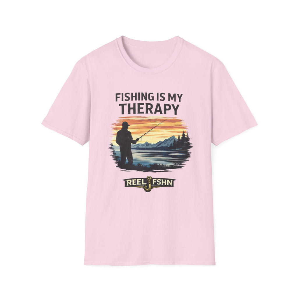 Pink Comfort Colors unisex t-shirt with "Fishing Is My Therapy" graphic of a fisherman at sunset.