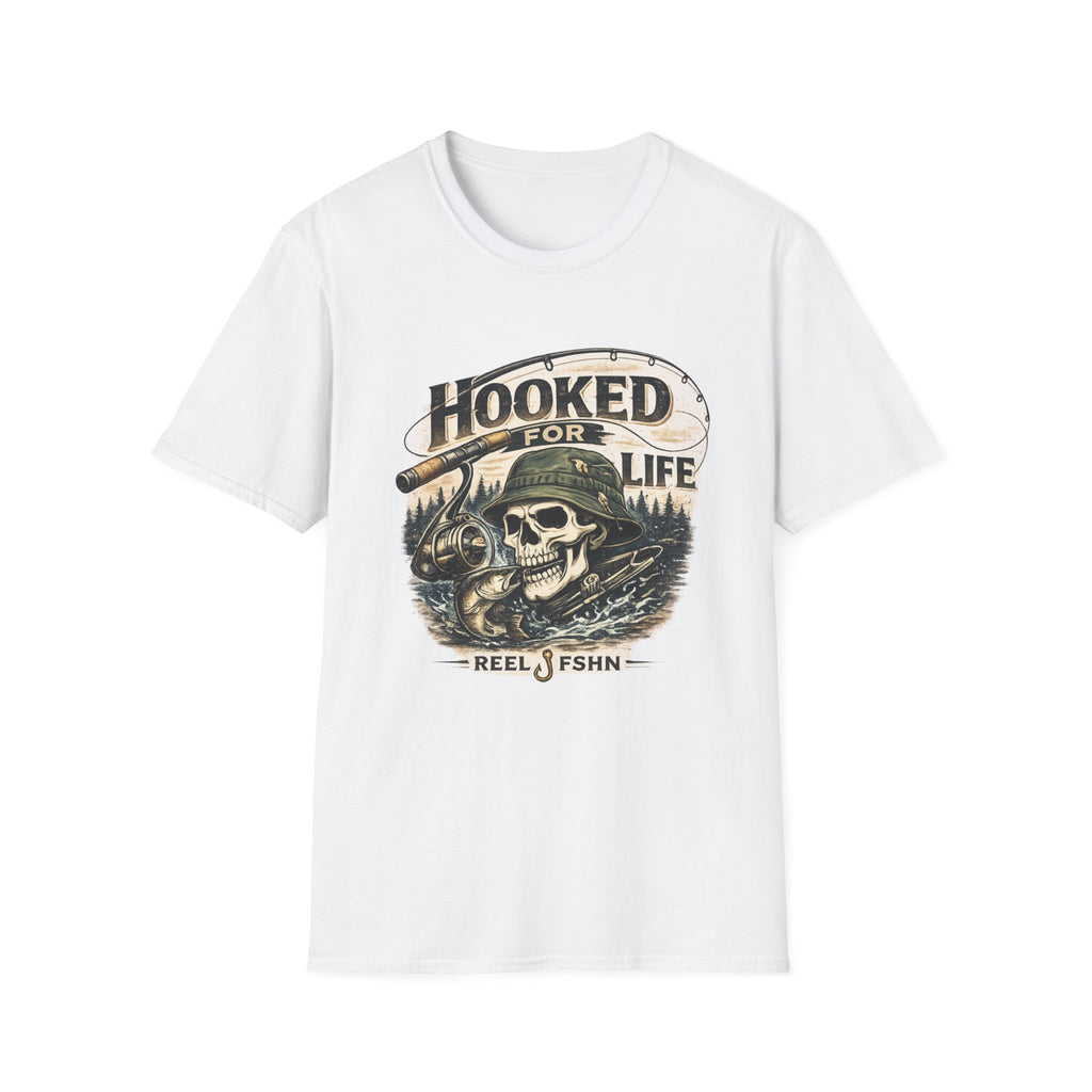 White Comfort Colors unisex t-shirt with a "Hooked For Life" fishing skull graphic wearing a bucket hat.