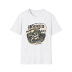 White Comfort Colors unisex t-shirt with a "Hooked For Life" fishing skull graphic wearing a bucket hat.