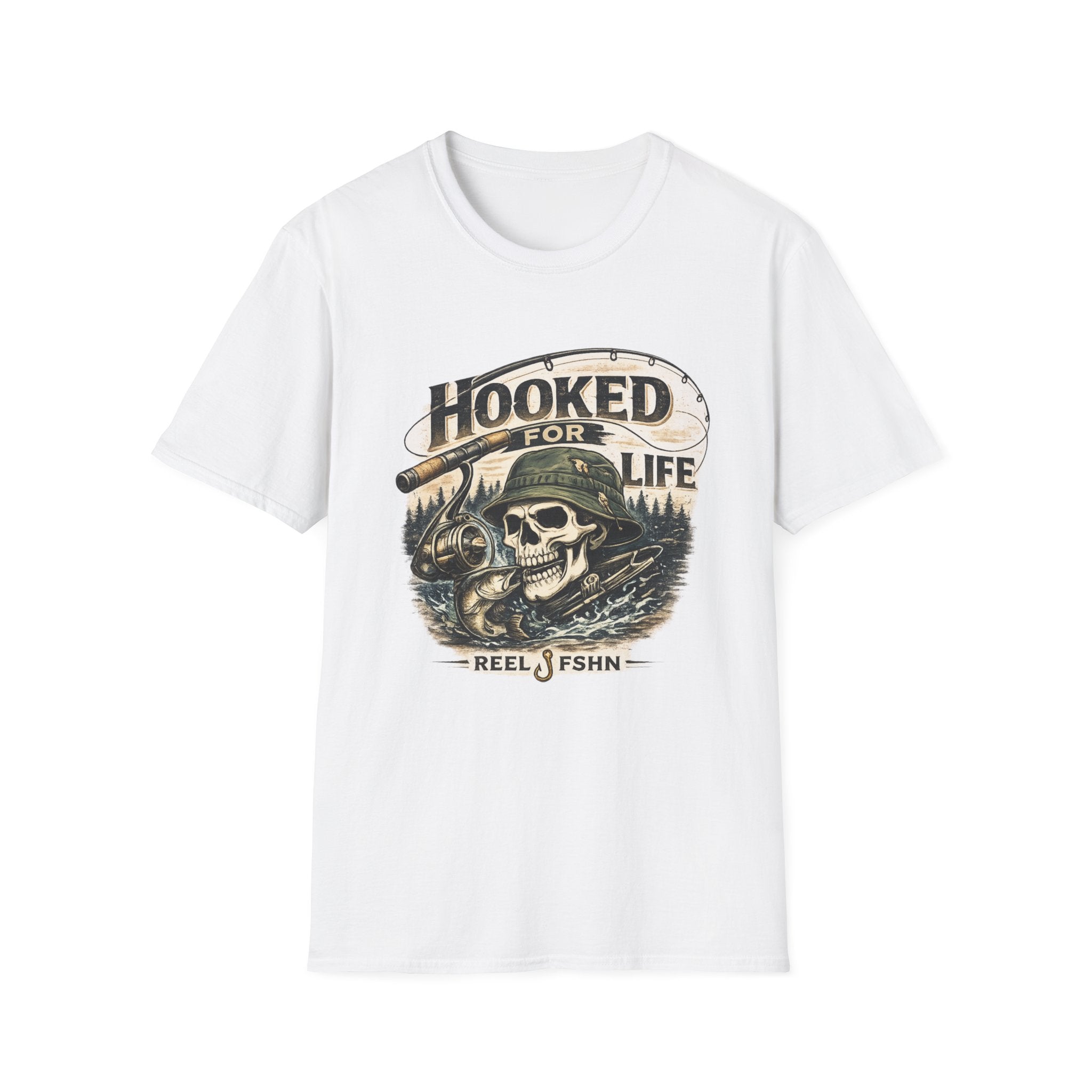 White Comfort Colors unisex t-shirt with a "Hooked For Life" fishing skull graphic wearing a bucket hat.