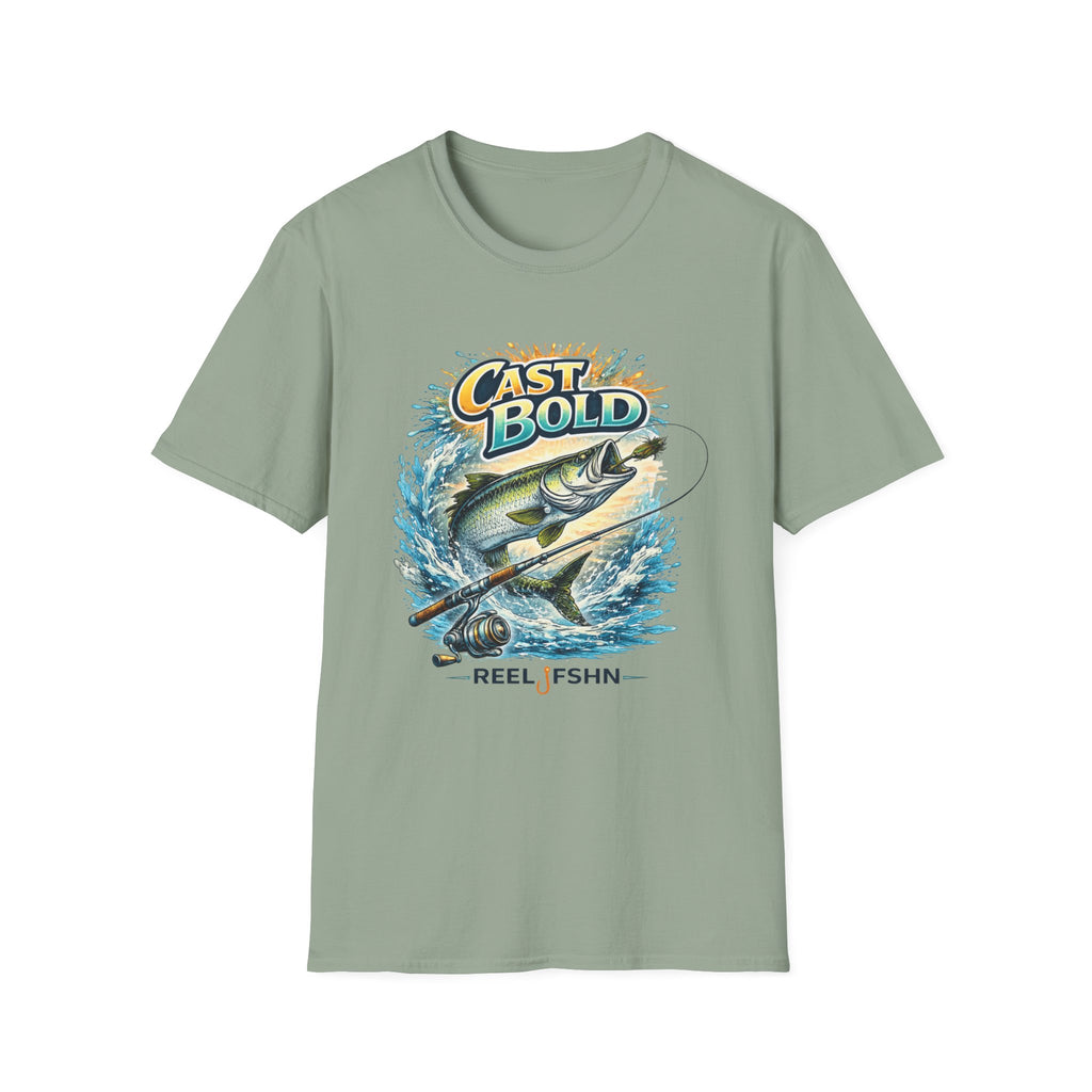 Sage green "Cast Bold" Comfort Colors t-shirt with a jumping tarpon, fishing rod, and "Reel Fshn" graphic.