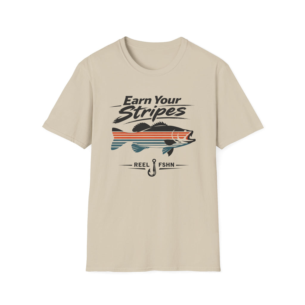 Unisex Comfort Colors sand t-shirt with "Earn Your Stripes" text, striped bass graphic, and fishing hook.