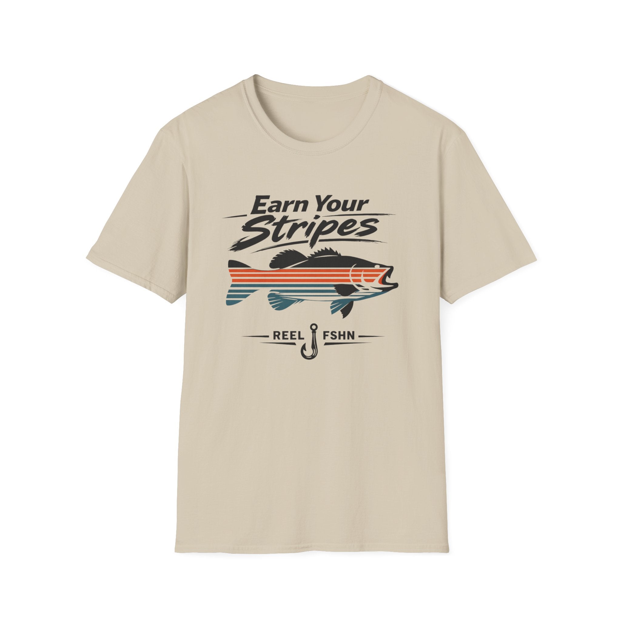 Unisex Comfort Colors sand t-shirt with "Earn Your Stripes" text, striped bass graphic, and fishing hook.