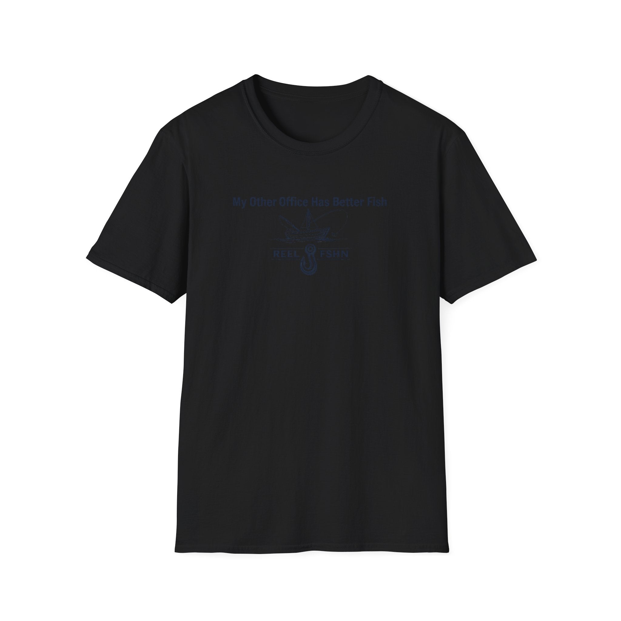 Black Comfort Colors cotton t-shirt with "My Other Office Has Better Fish" and fishing hook graphic.