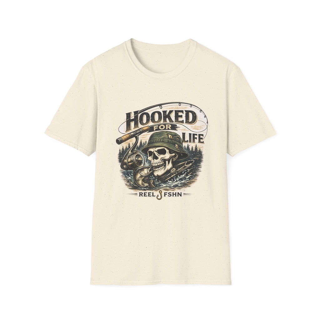 Comfort Colors cream t-shirt with a "Hooked For Life" fishing skull graphic wearing a bucket hat.