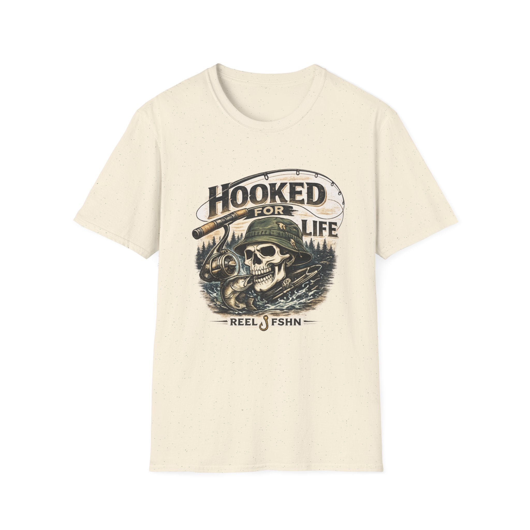 Comfort Colors cream t-shirt with a "Hooked For Life" fishing skull graphic wearing a bucket hat.