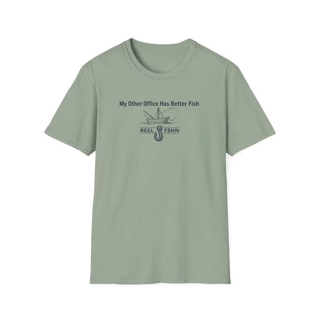 Sage green Comfort Colors cotton t-shirt with "My Other Office Has Better Fish" text and fishing boat graphic.
