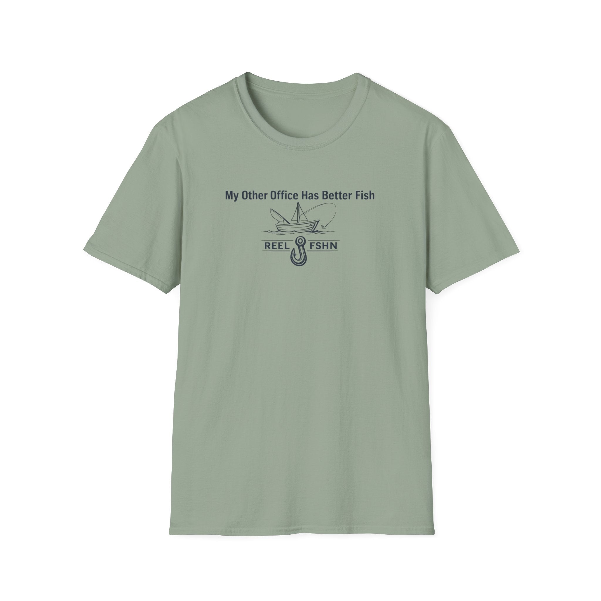 Sage green Comfort Colors cotton t-shirt with "My Other Office Has Better Fish" text and fishing boat graphic.