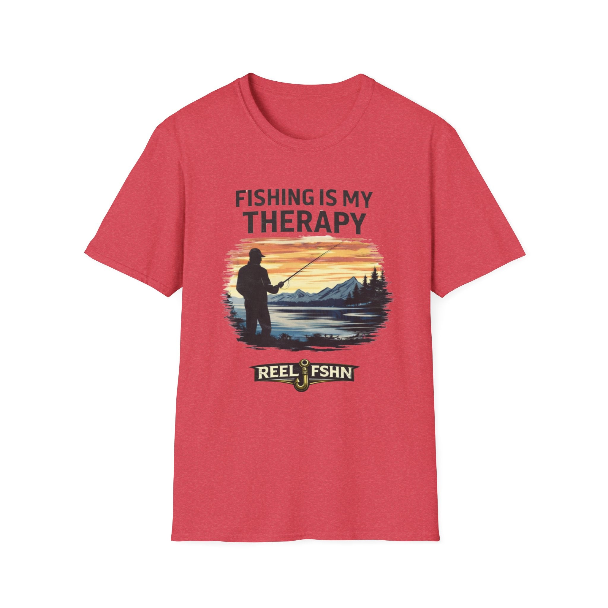 Red Comfort Colors t-shirt with "Fishing Is My Therapy" text and a graphic of a fisherman at sunset.