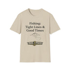 Comfort Colors tan cotton t-shirt with "Fishing: Tight Lines & Good Times" text and a fishing hook logo.