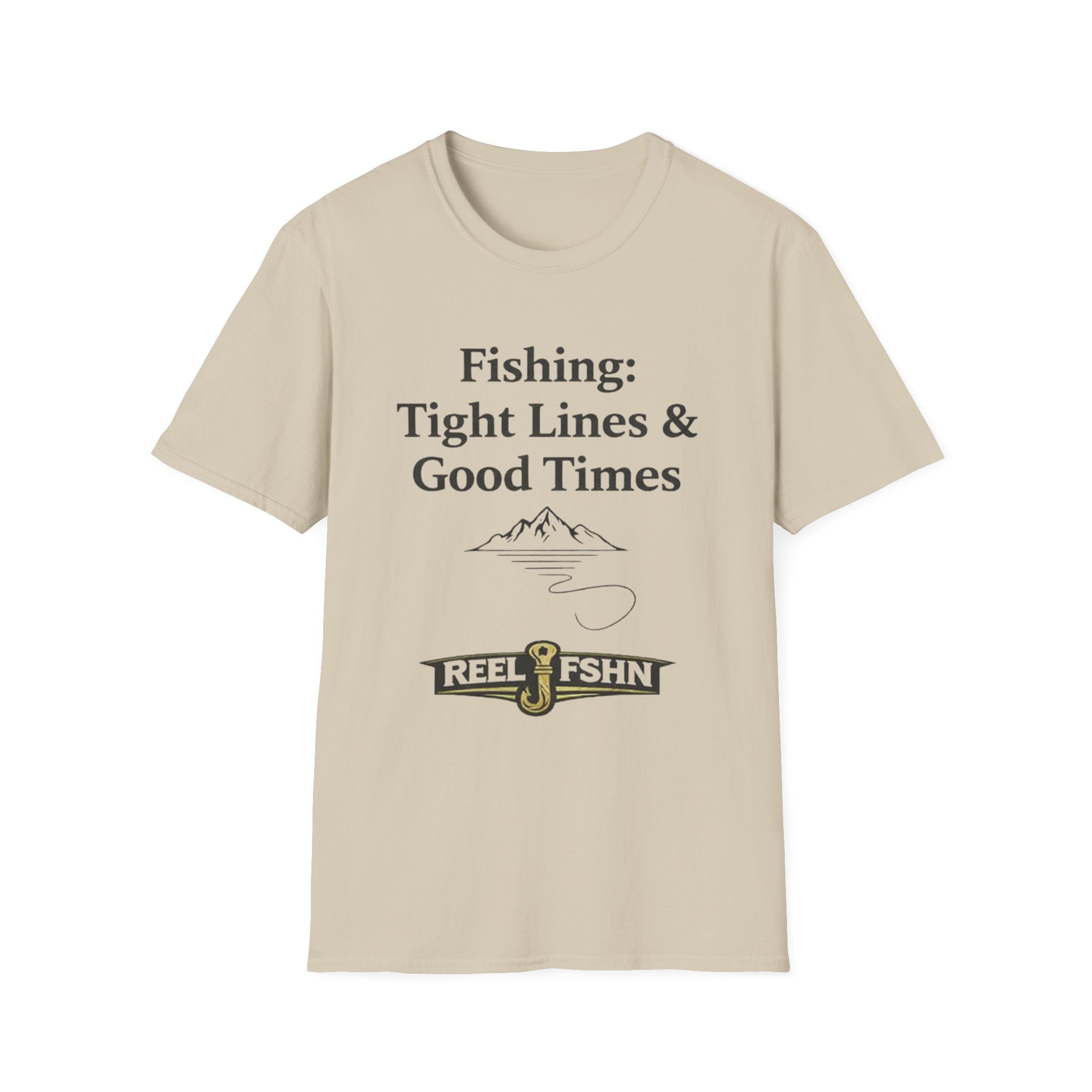 Comfort Colors tan cotton t-shirt with "Fishing: Tight Lines & Good Times" text and a fishing hook logo.