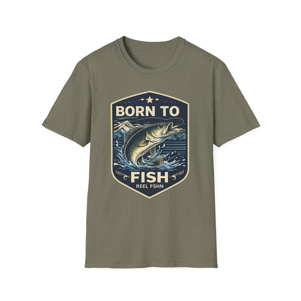 Olive green Comfort Colors unisex tee with "Born to Fish" graphic featuring a jumping bass.