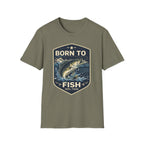 Olive green Comfort Colors unisex tee with "Born to Fish" graphic featuring a jumping bass.