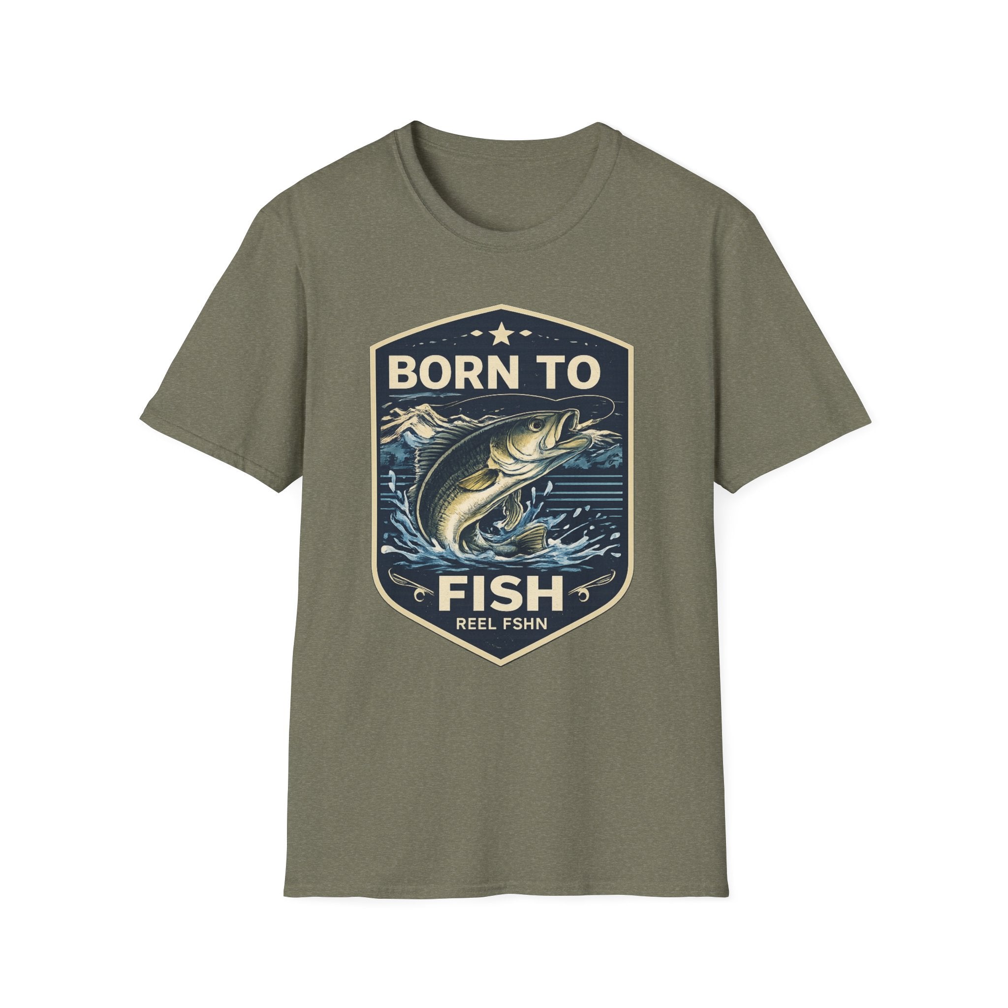 Olive green Comfort Colors unisex tee with "Born to Fish" graphic featuring a jumping bass.