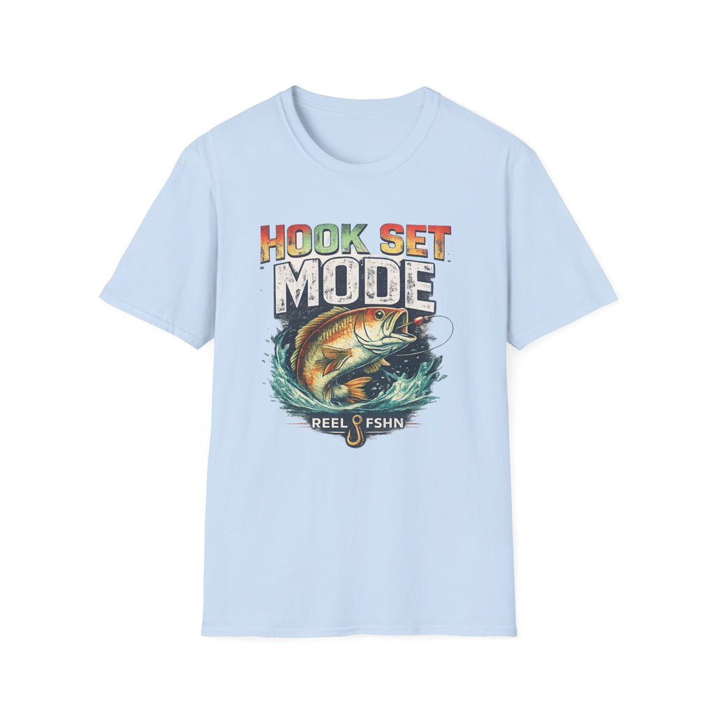 Light blue Comfort Colors t-shirt with "HOOK SET MODE" text and a bass fish design.