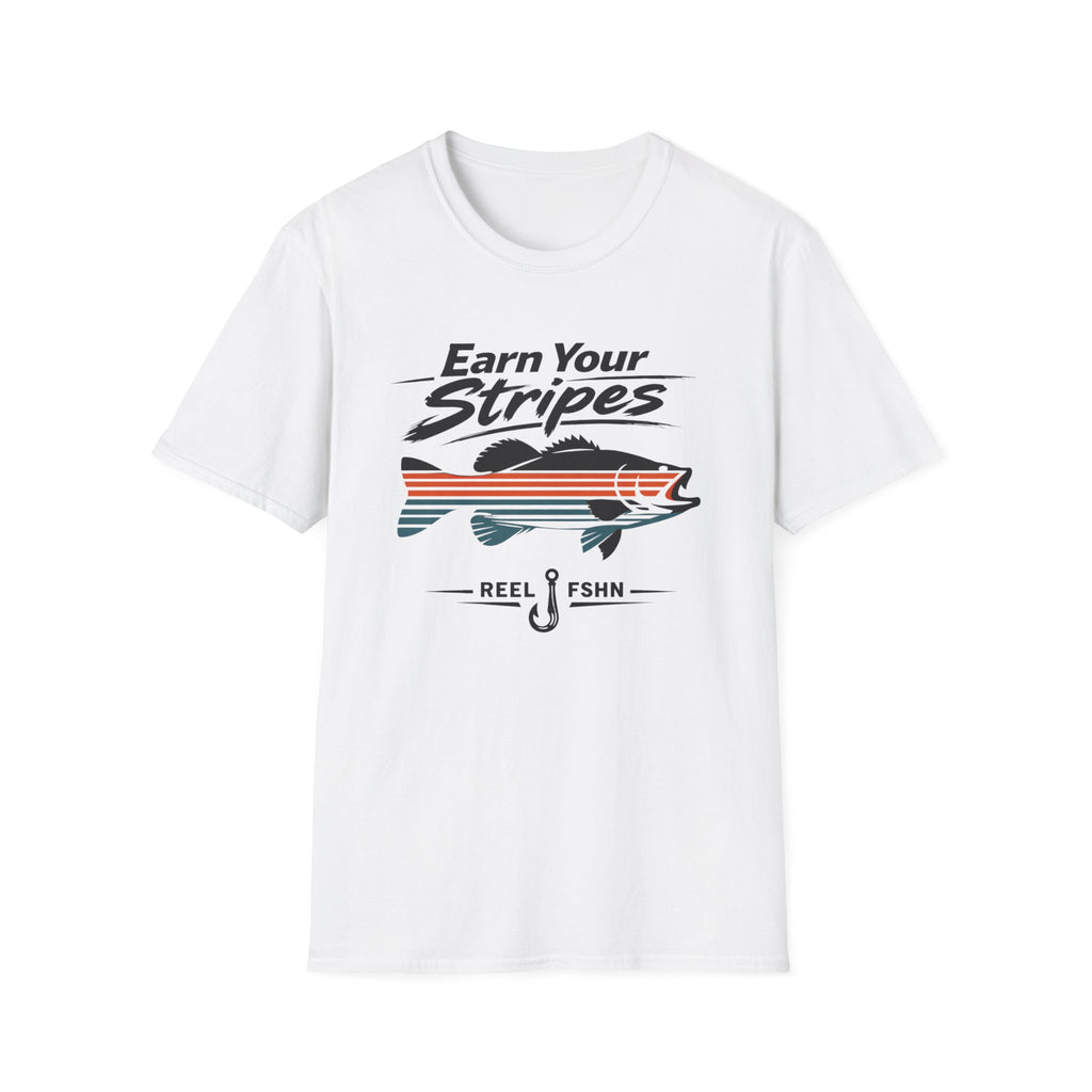 White Comfort Colors t-shirt with "Earn Your Stripes" text and a striped bass graphic.