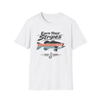 White Comfort Colors t-shirt with "Earn Your Stripes" text and a striped bass graphic.