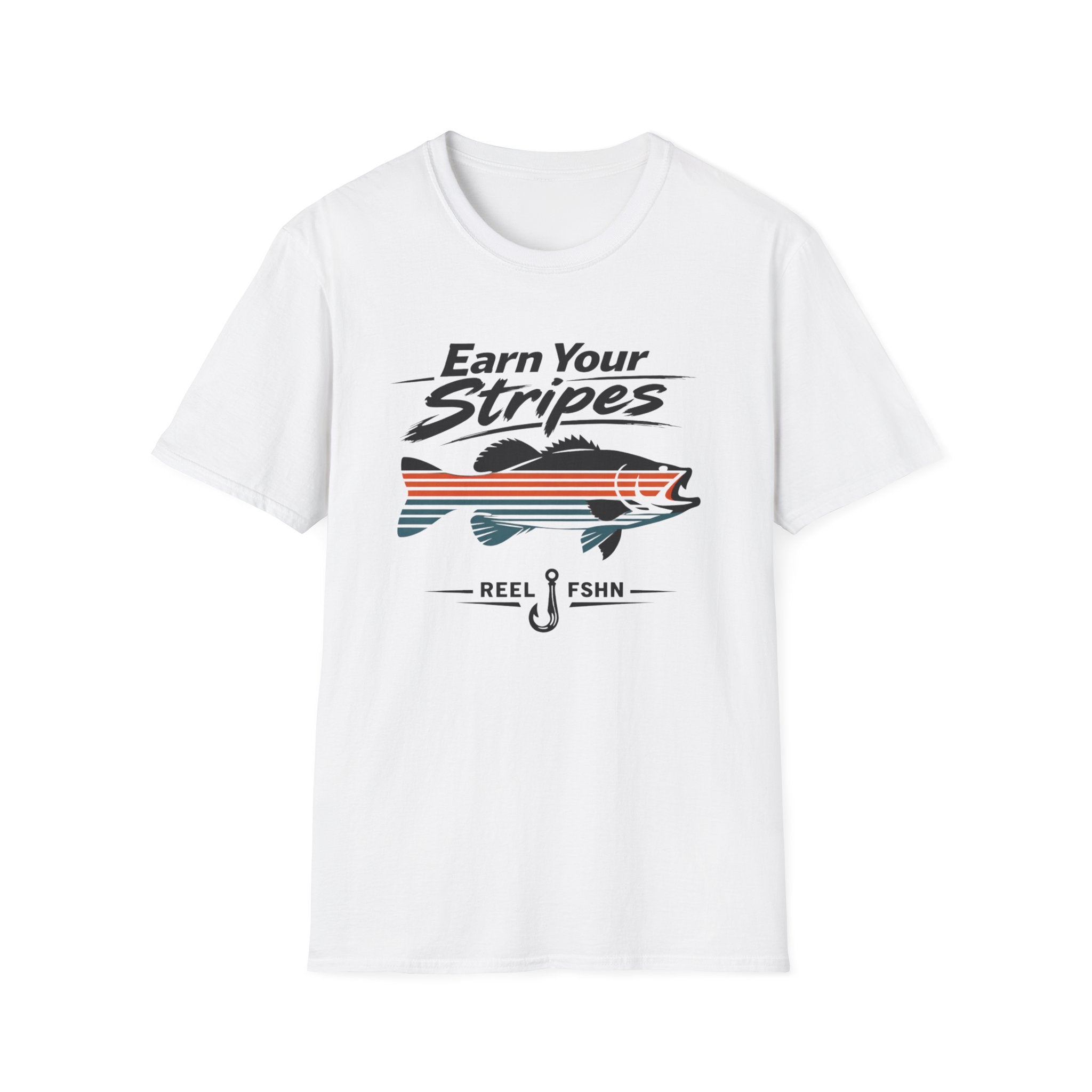 White Comfort Colors t-shirt with "Earn Your Stripes" text and a striped bass graphic.