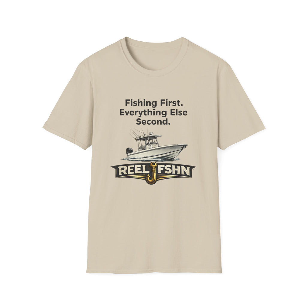 Comfort Colors unisex tee in sand, featuring a fishing boat graphic and "Fishing First. Everything Else Second. REEL FSHN" text.