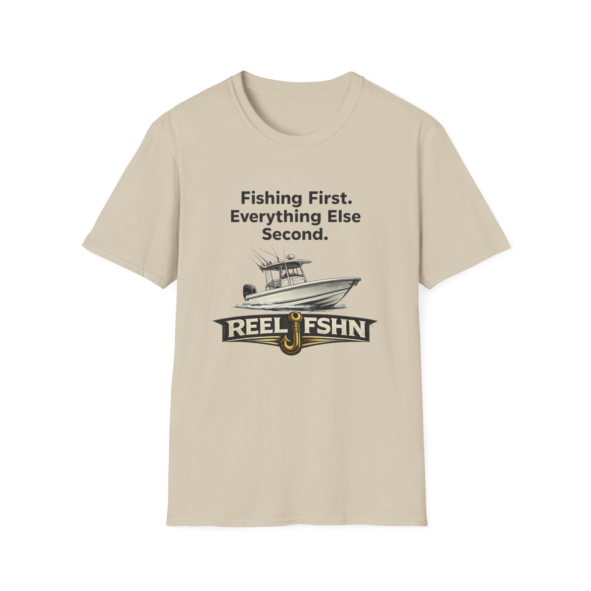 Comfort Colors unisex tee in sand, featuring a fishing boat graphic and "Fishing First. Everything Else Second. REEL FSHN" text.