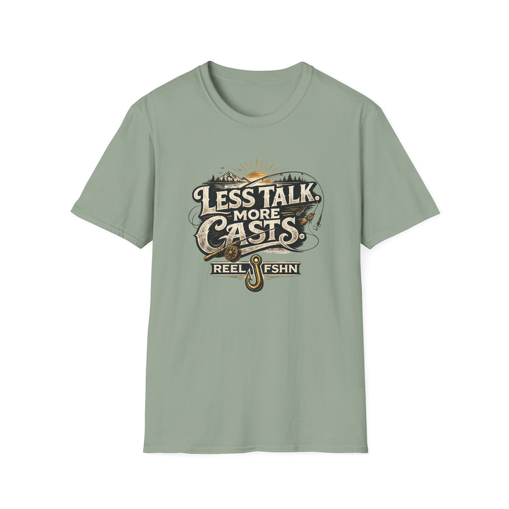 Sage green Comfort Colors t-shirt with "Less Talk More Casts" fishing graphic.