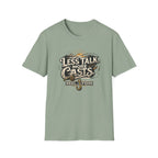 Sage green Comfort Colors t-shirt with "Less Talk More Casts" fishing graphic.