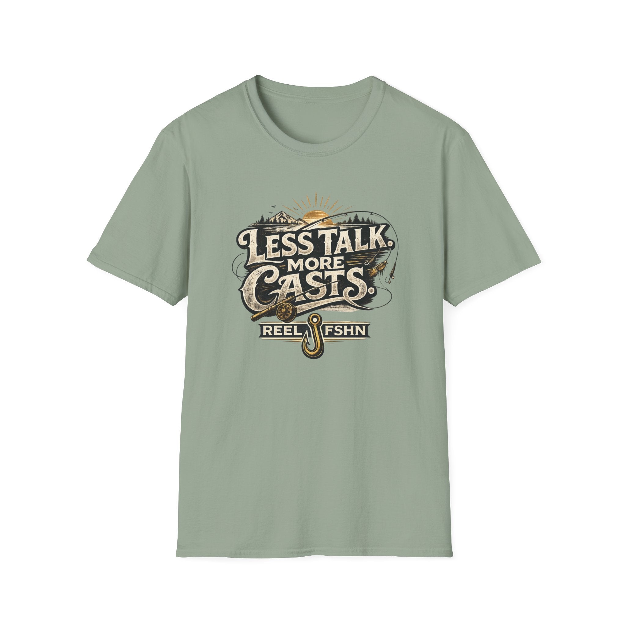 Sage green Comfort Colors t-shirt with "Less Talk More Casts" fishing graphic.