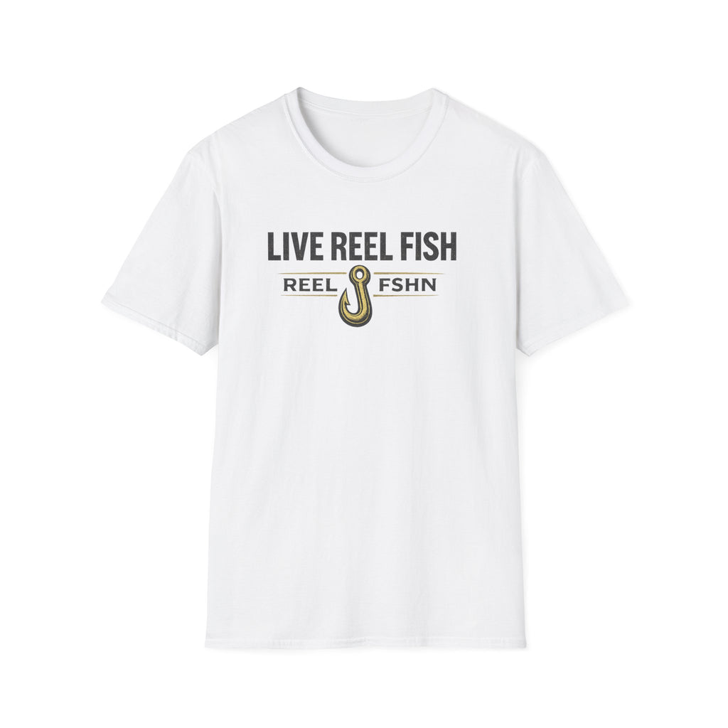 White unisex Comfort Colors t-shirt with "LIVE REEL FISH" text and a fishing hook graphic.