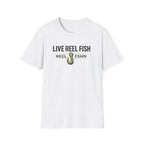 White unisex Comfort Colors t-shirt with "LIVE REEL FISH" text and a fishing hook graphic.