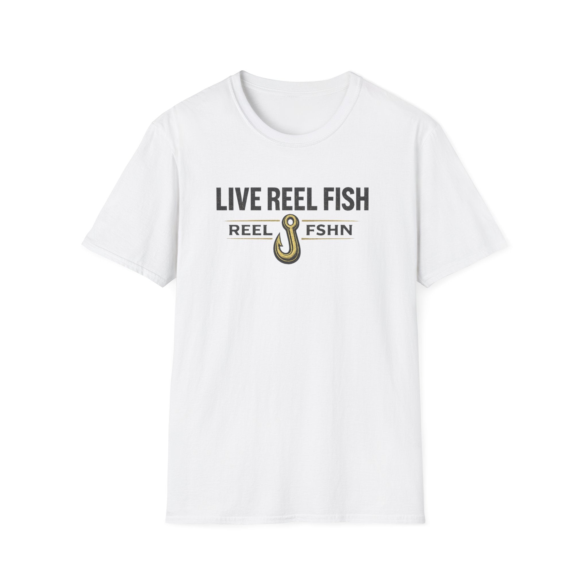 White unisex Comfort Colors t-shirt with "LIVE REEL FISH" text and a fishing hook graphic.