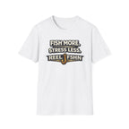 White Comfort Colors unisex t-shirt with "Fish More. Stress Less. Reel FSHN" graphic and fishing hook design.