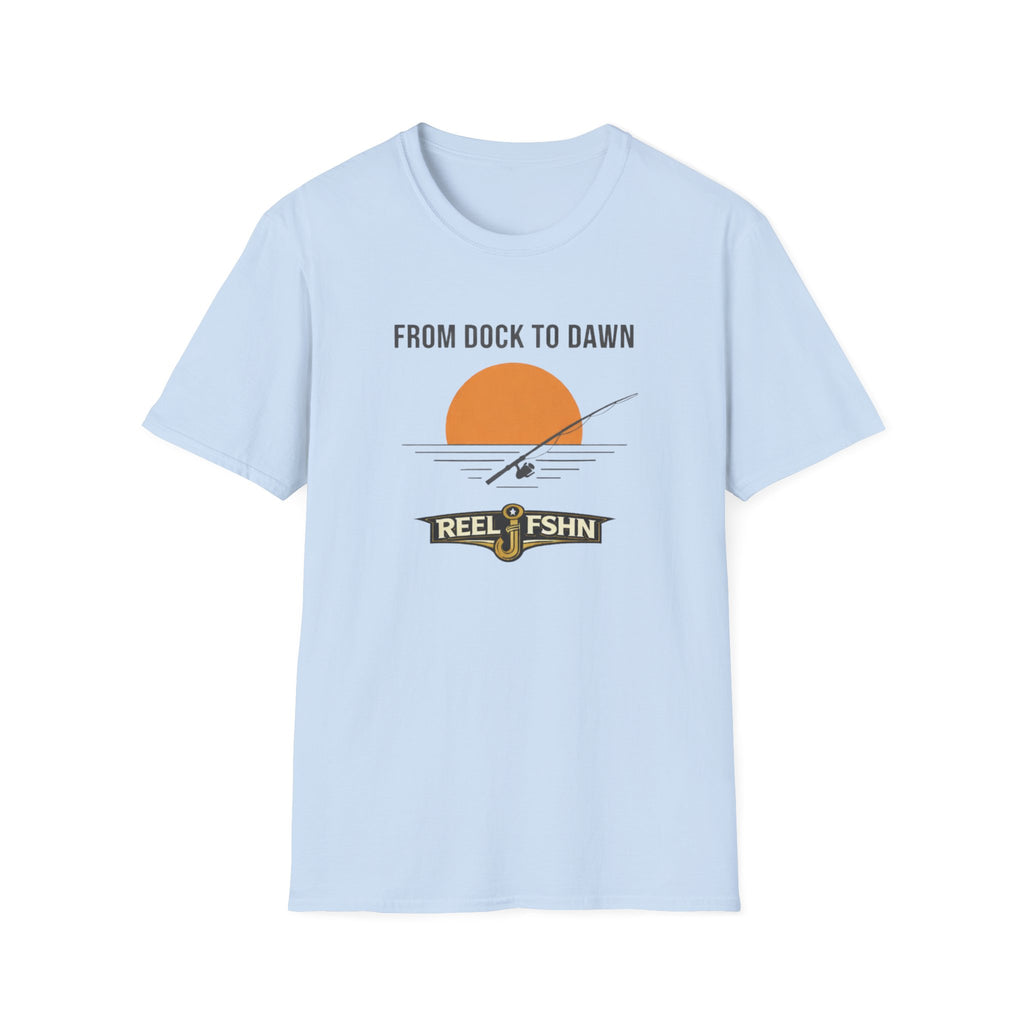 Light blue Comfort Colors unisex t-shirt with "FROM DOCK TO DAWN" and a fishing graphic.