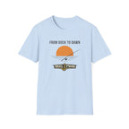 Light blue Comfort Colors unisex t-shirt with "FROM DOCK TO DAWN" and a fishing graphic.