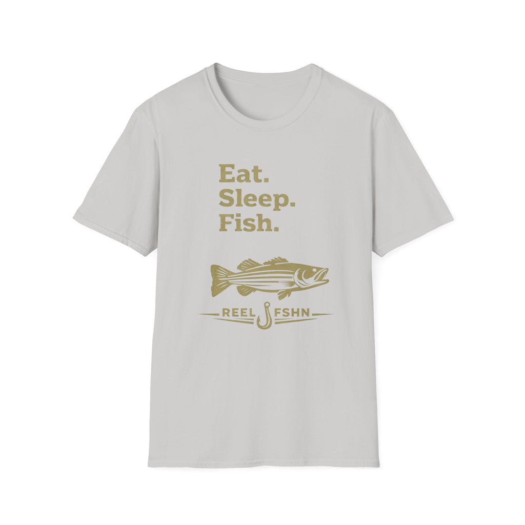 Light gray Comfort Colors unisex t-shirt with "Eat. Sleep. Fish." and a striped bass graphic in gold.