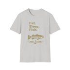 Light gray Comfort Colors unisex t-shirt with "Eat. Sleep. Fish." and a striped bass graphic in gold.