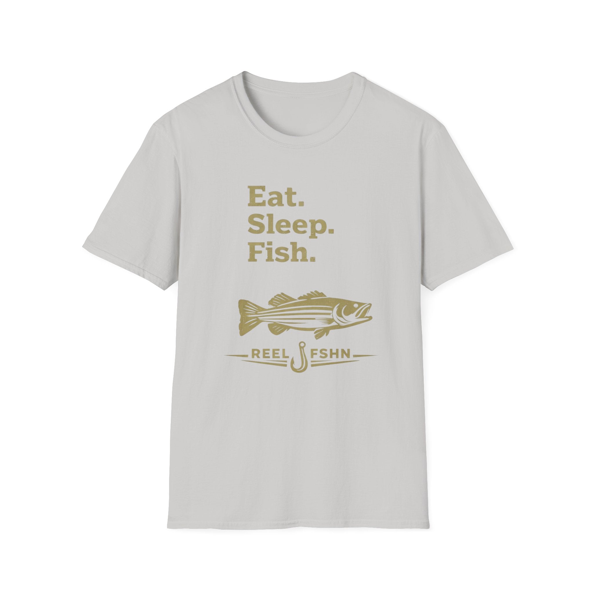 Light gray Comfort Colors unisex t-shirt with "Eat. Sleep. Fish." and a striped bass graphic in gold.