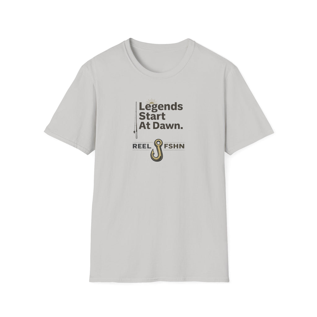 Light gray "Legends Start At Dawn" fishing t-shirt with a gold fishing hook graphic.