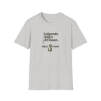 Light gray "Legends Start At Dawn" fishing t-shirt with a gold fishing hook graphic.