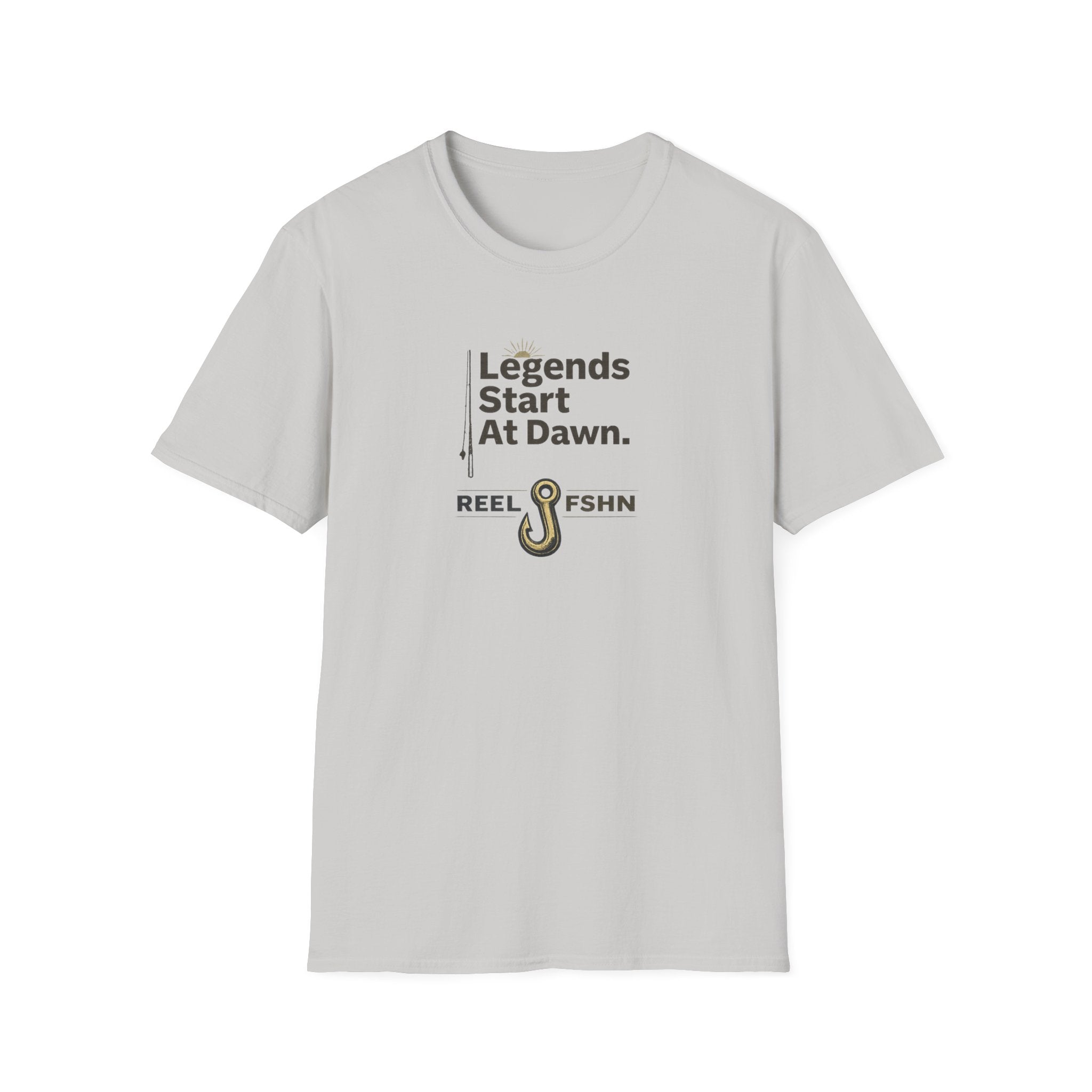 Light gray "Legends Start At Dawn" fishing t-shirt with a gold fishing hook graphic.
